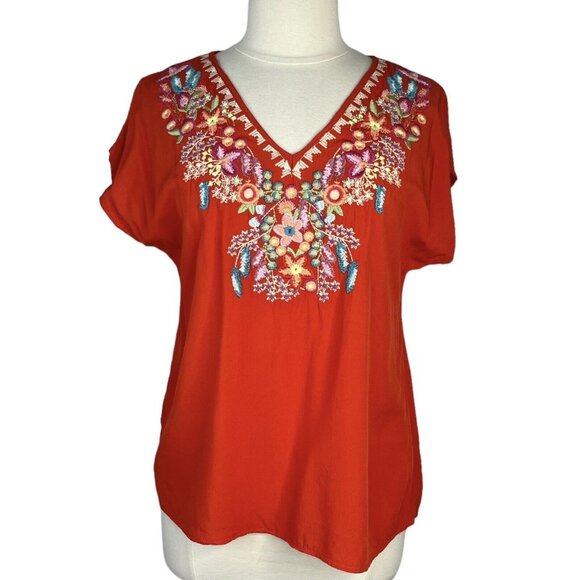 Luna Moon Short Sleeve Blouse Shirt Womens Small Orange Embroidered Vneck - Picture 1 of 9